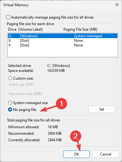 Sin archivo de paginación