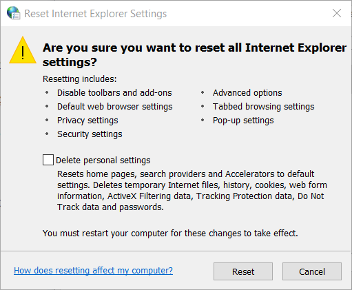 La ventana Restablecer configuración de Internet Explorer restablece los errores de ieframe.dll