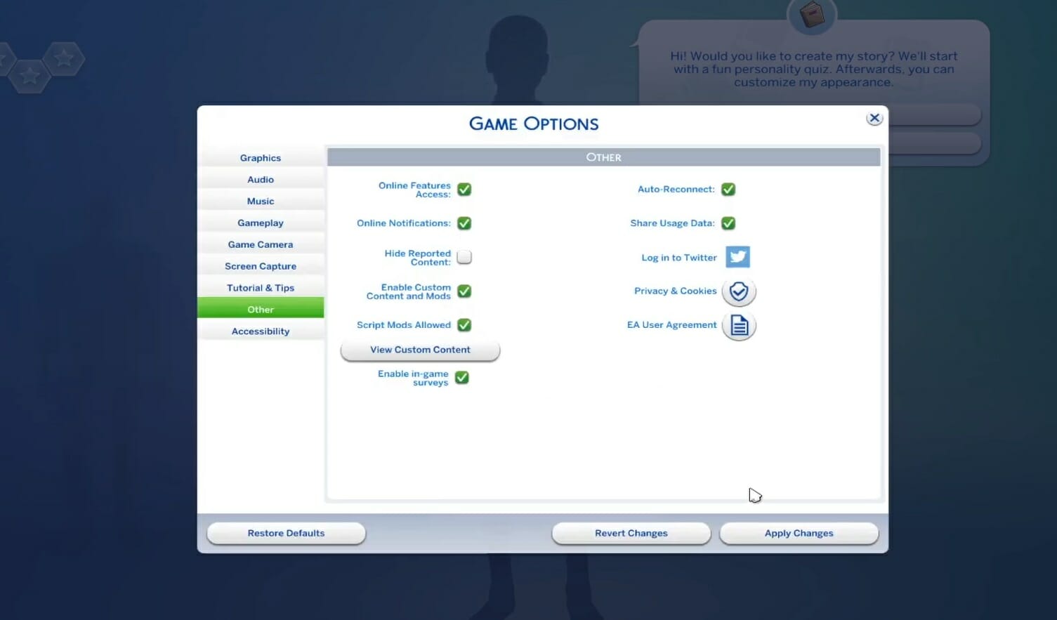 Habilitar modos de configuración de contenido personalizados y Sims 4 modos que no funcionan