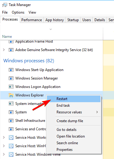 reiniciar el proceso del Explorador de Windows