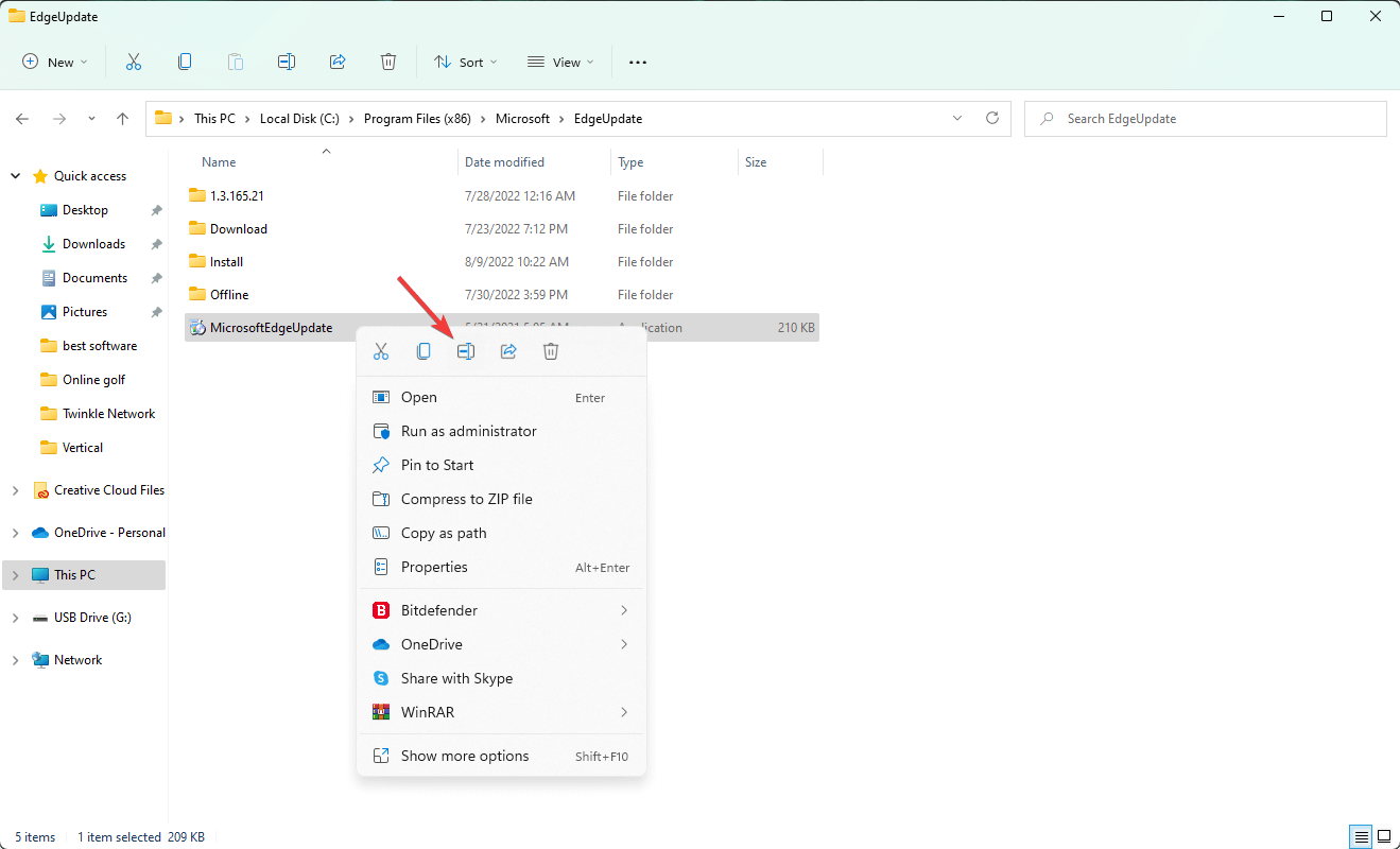haciendo clic en el botón de cambio de nombre para msedgeupdate Windows 11