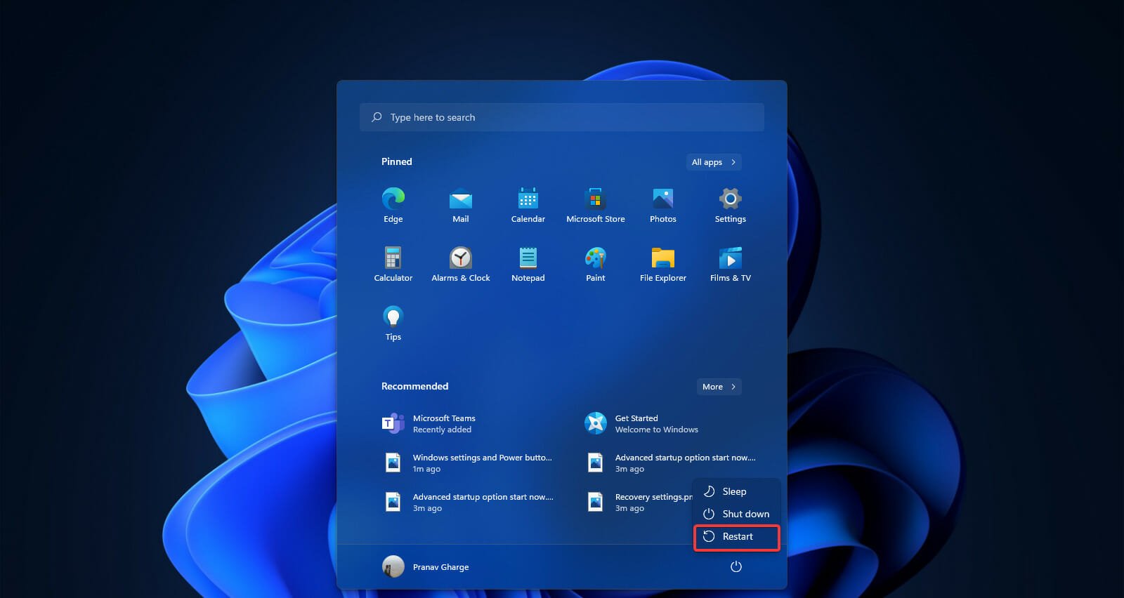 Windows restart option menu