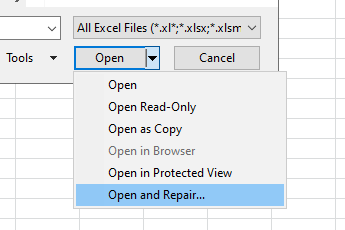 La opción Abrir y reparar el formato del archivo excel no coincide con la extensión