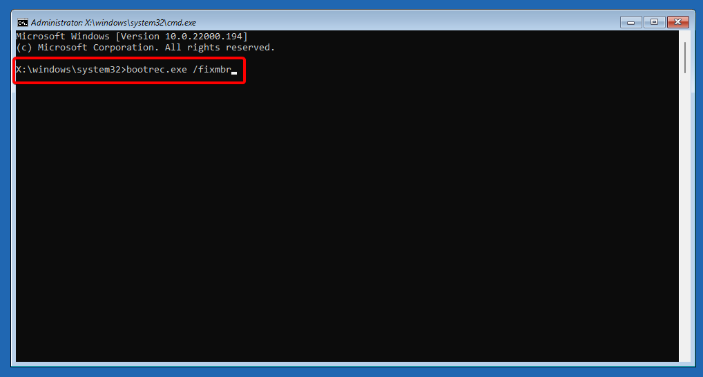 Excepción de comando Bootrec en archivo no válido Windows 11