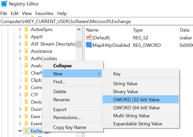 Exchange New Key DWORd Outlook no pudo guardar la configuración de su cuenta