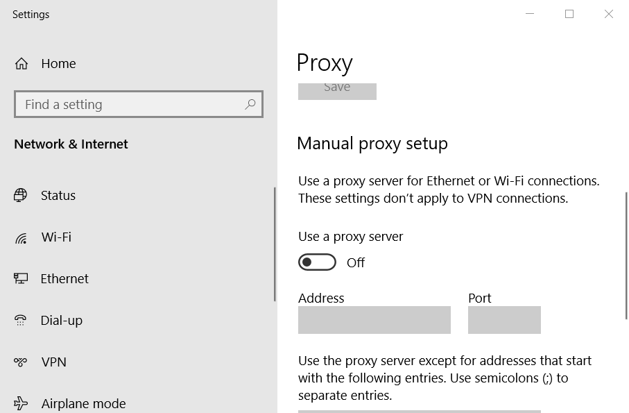 Configuración Usar un servidor proxy Reparar el error de actualización de Windows 0x8024401f