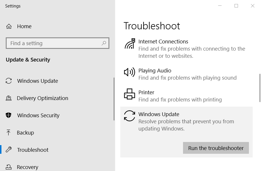 Pestaña de solución de problemas Reparar el error de actualización de Windows 0x8024401f