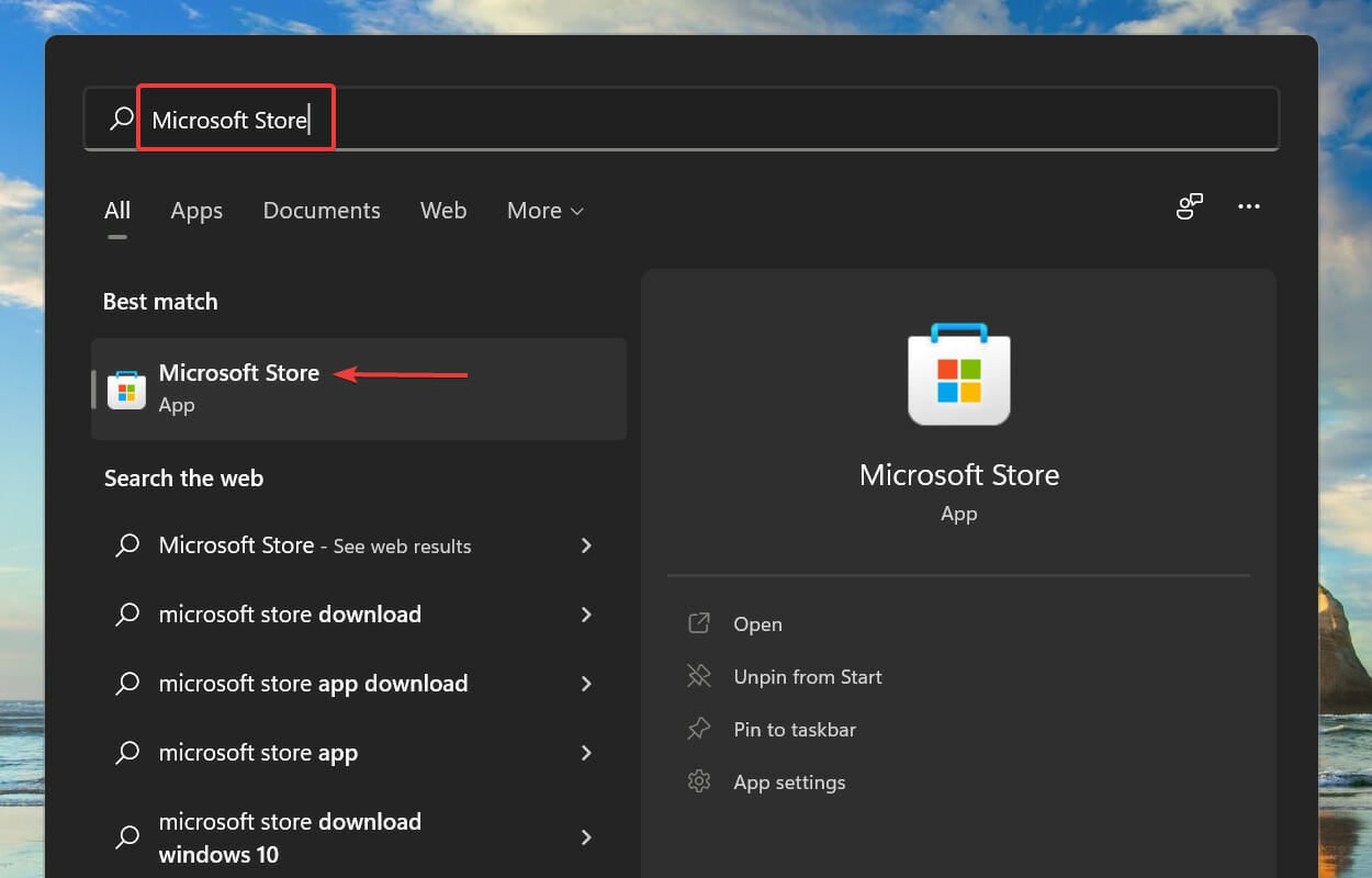 Inicie Microsoft Store para instalar dolby atmos Windows 11