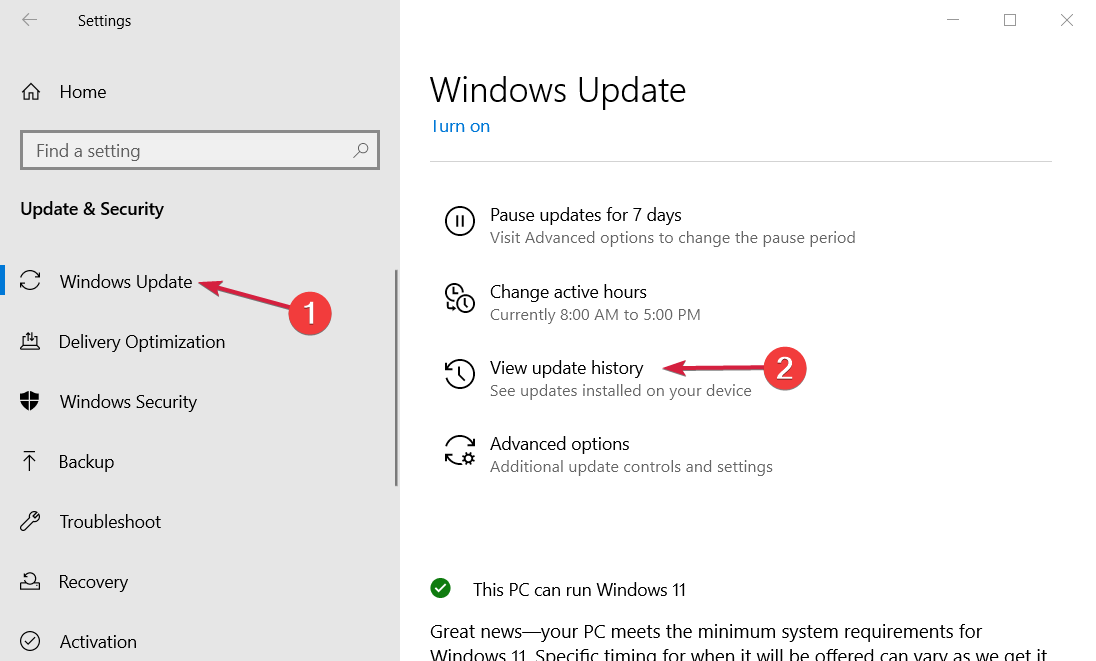go to update history windows 10