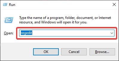 Abra el editor de registro en la ventana de ejecución