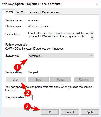 Proprietățile serviciului Windows Update pornesc