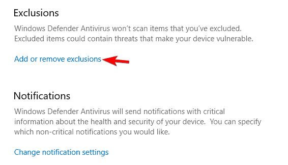 adăugați excluderi Windows Defender