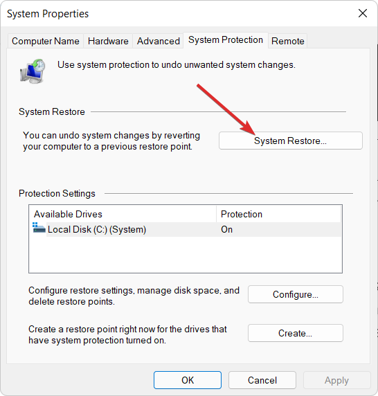 System-restore-button windows 11 error system thread excepción no manejada