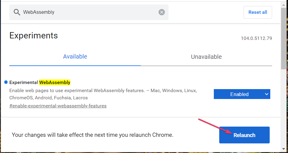 El navegador del botón Relanzar no es compatible con webassembly