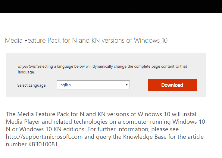 Las funciones de juego en la página Media Feature Pack no están disponibles para el escritorio de Windows
