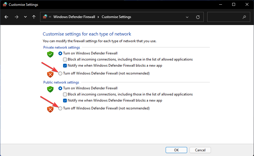 Deshabilitar la opción Firewall de Windows Defender Error de activación de Windows 11 0x87e10bc6