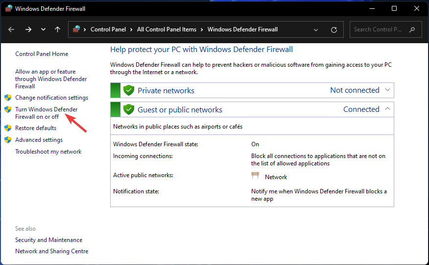 Activar o desactivar el Firewall de Windows Defender Error de activación de Windows 11 0x87e10bc6