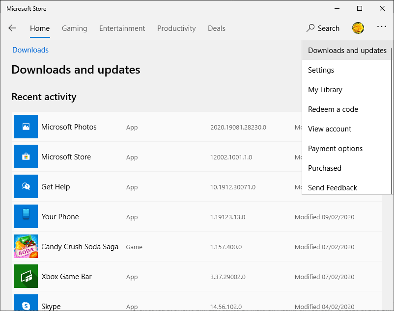 Error de opción de descargas y actualizaciones de Microsoft Store 0x80073d12