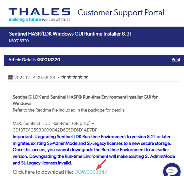 Visite el sitio de soporte de Thales y haga clic en Descargar