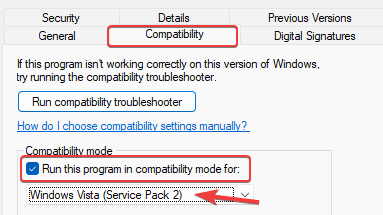 Propiedades - Modo de compatibilidad - Ejecute este programa en modo de compatibilidad para - Windows Vista (Server Pack 2)