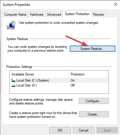 Restaurar sistema - Código de error de actualización de Windows 10 0xc00000fd