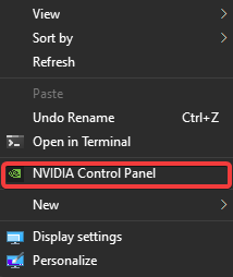 Opción de panel de control de Nvidia