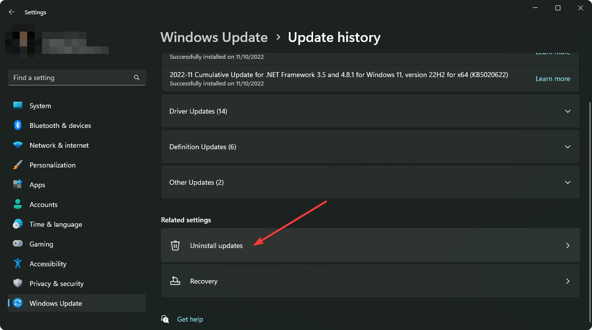 desinstalar las actualizaciones de configuración de Windows 11