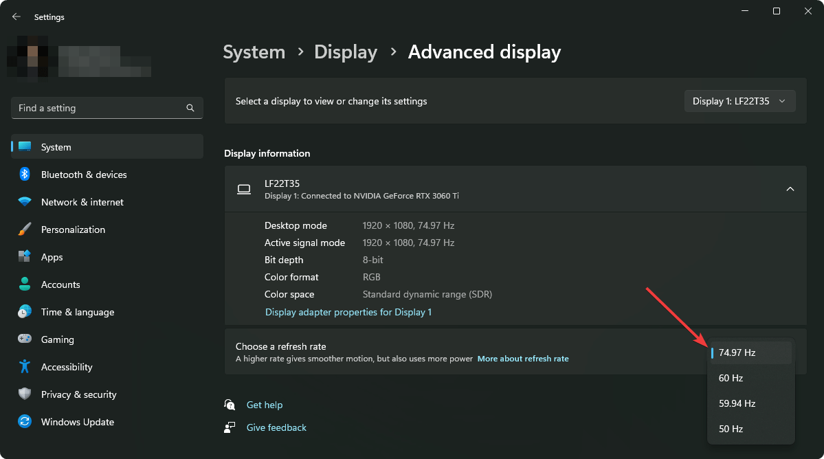 cambiar la frecuencia de actualización del monitor de pantalla de Windows 11