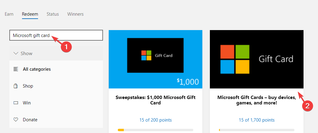 căutați cardul cadou Microsoft și faceți clic pentru a deschide