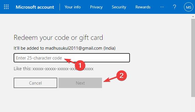 Valorificați codul de pe pagina de valorificare a cardurilor cadou Microsoft