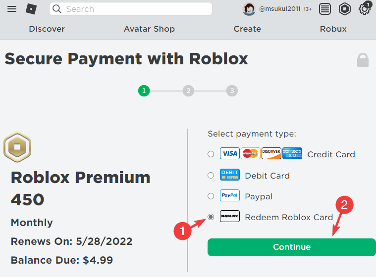 Pagina de plată Roblox - selectați valorificați cardul Roblox și continuați