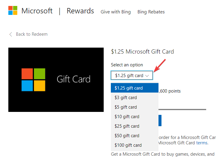 Selectați valoarea cardului cadou Microsoft din meniul drop-down