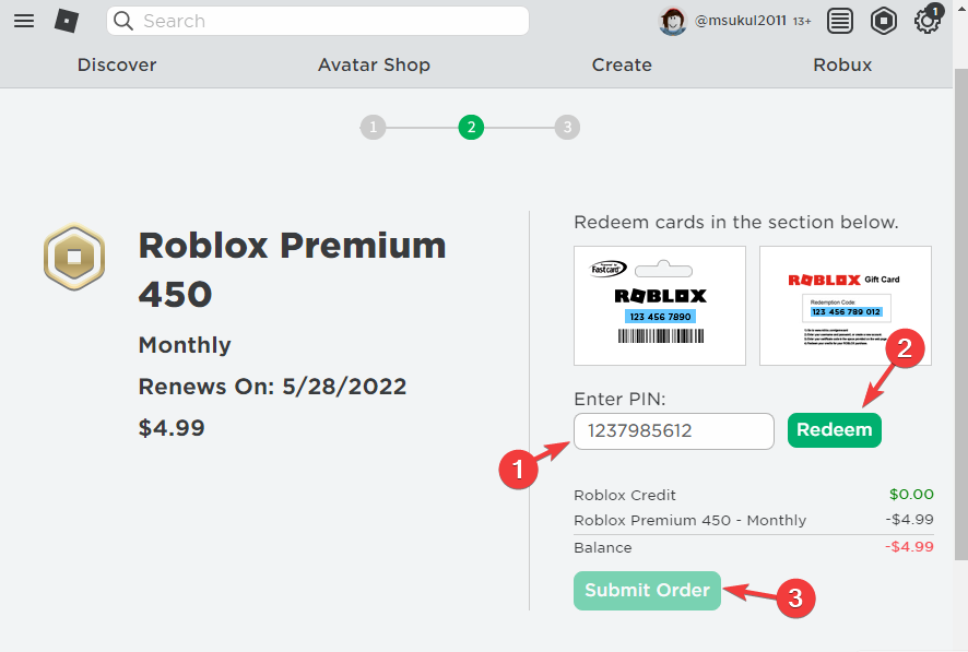 Introduceți codul PIN, valorificați și trimiteți comanda în pagina de plată Roblox