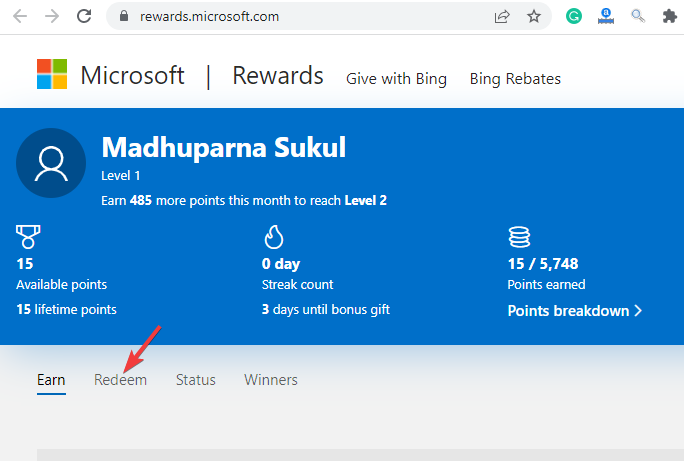 Selectați fila Valorificați în Microsoft Rewards