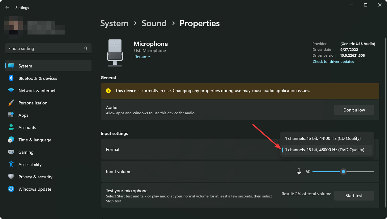ajustar la configuración del formato de audio del micrófono de Windows 11