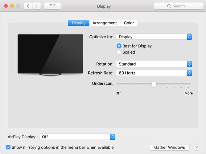 mi barra de herramientas no muestra la configuración de Underscan de Mac