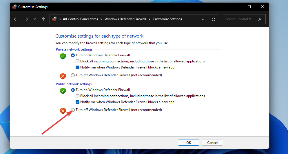 Turn off Windows Defender Firewall radio button minecraft launcher won't open windows 11