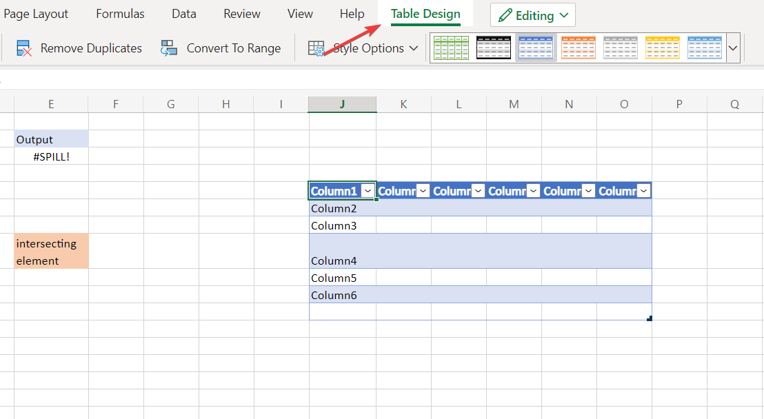 error de desbordamiento de la tabla de diseño de Excel
