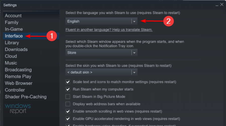 haz clic para cambiar el idioma de Steam