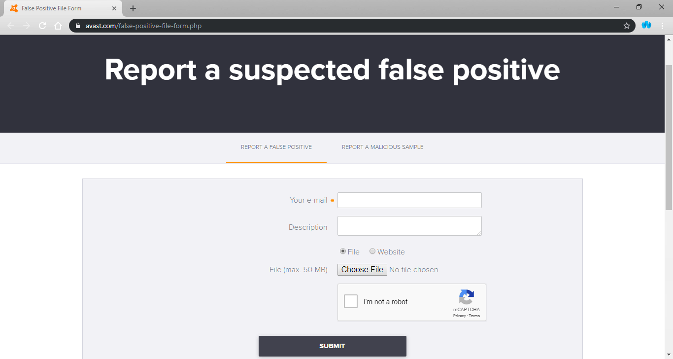 Avast Reportar un presunto falso positivo