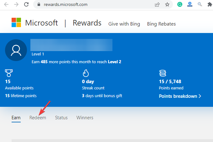 Faceți clic pe fila Valorificați în pagina Microsoft Rewards