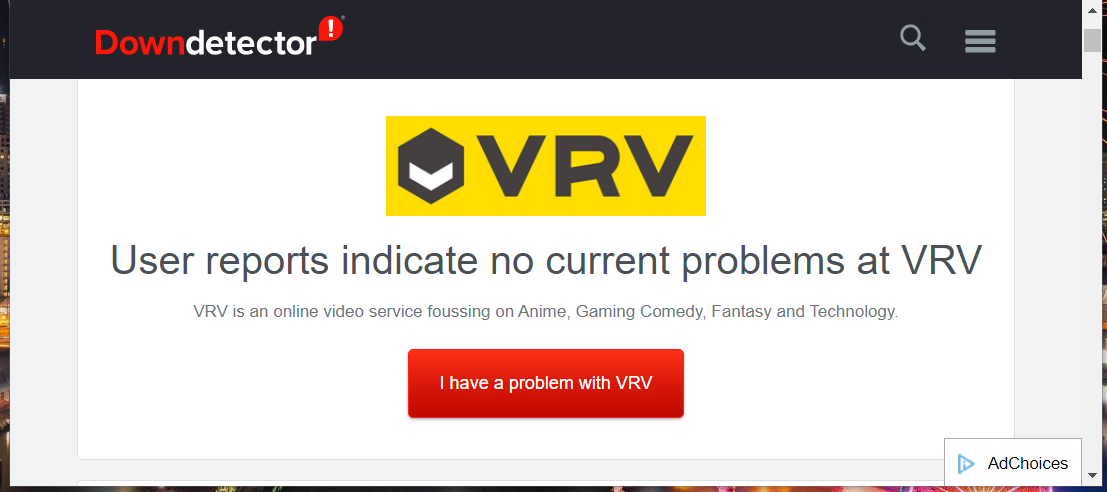 La página Downdetector de VRV vrv no funciona en Chrome